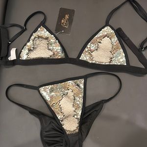Mermaid, sequined, gold/ivory and black bikini gathered thong back 36 inch band
